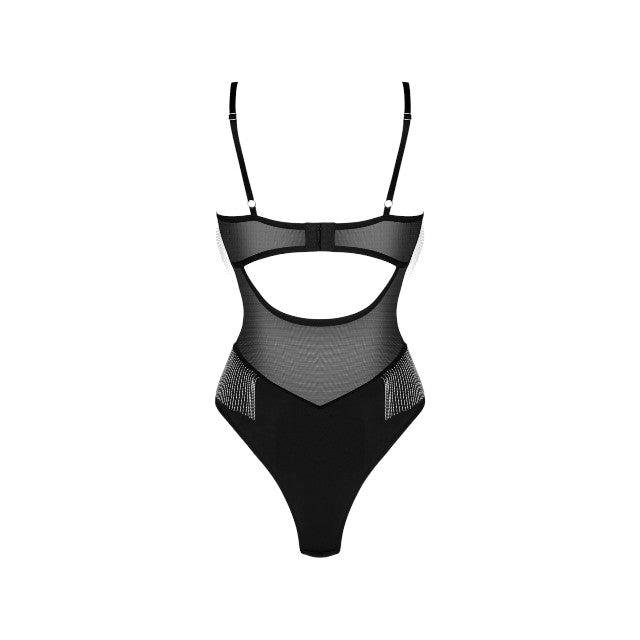 Lenjerie sexy teddy OBSESSIVE Milladis, body erotic cu lanțuri argintii și plasă transparentă, culoare negru, mărime M/L