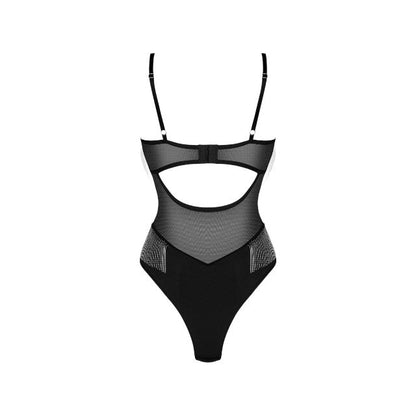 Lenjerie sexy teddy OBSESSIVE Milladis, body erotic cu lanțuri argintii și plasă transparentă, culoare negru, mărime M/L