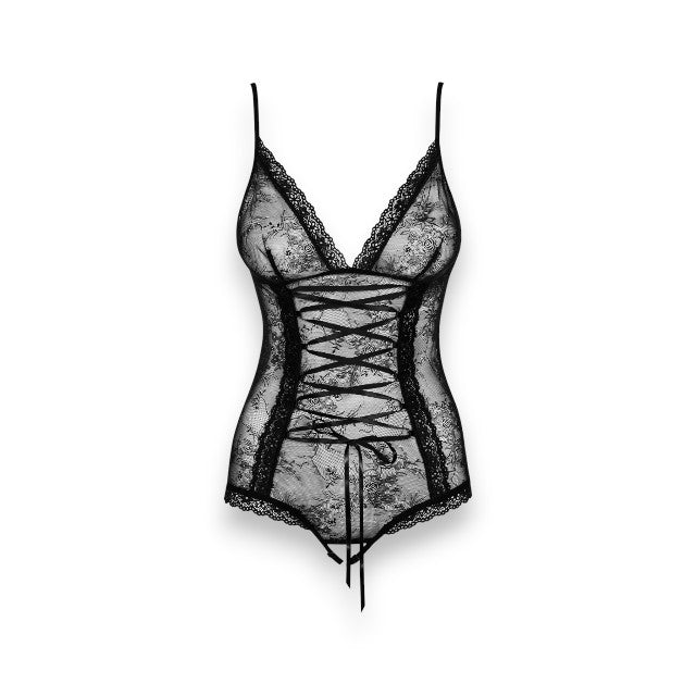 Lenjerie sexy teddy OBSESSIVE Slevika, body erotic din dantelă, crotchless, imprimeu floral, culoare negru, mărime S/M