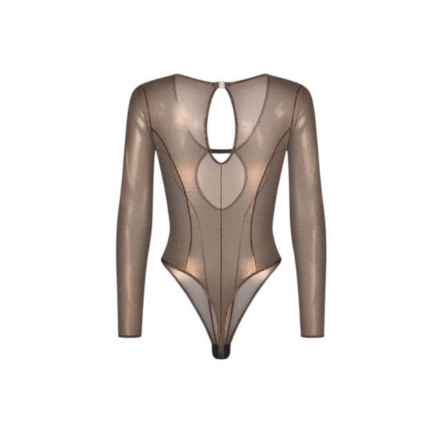 Lenjerie sexy teddy OBSESSIVE Soranna, body erotic mulat din plasă, reflexe aurii, transparent, mărime S/M