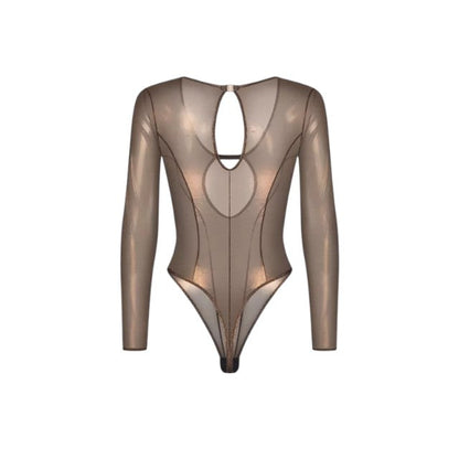 Lenjerie sexy teddy OBSESSIVE Soranna, body erotic mulat din plasă, reflexe aurii, transparent, mărime S/M