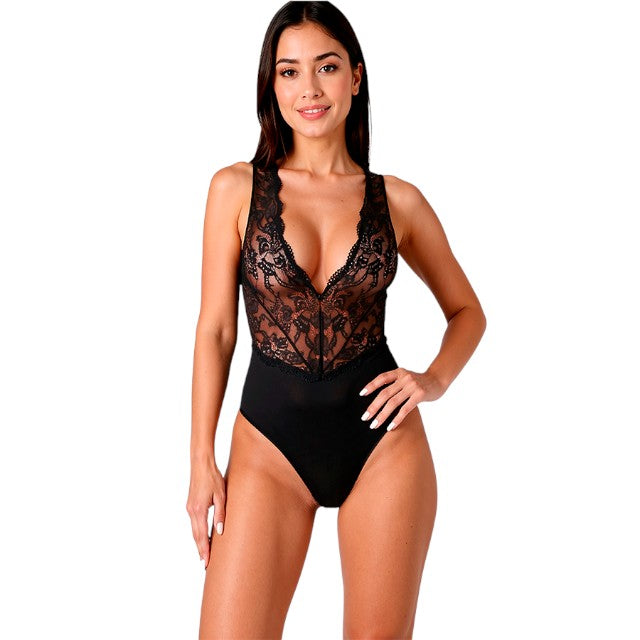 Lenjerie sexy teddy PASSION Evalie, body erotic mulat cu dantelă și spatele gol, mărime S/M, culoare negru