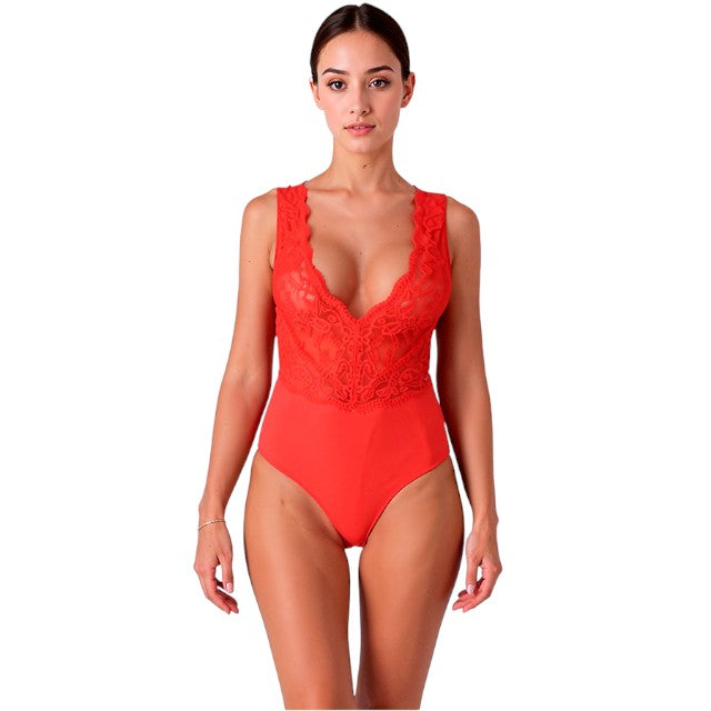 Lenjerie sexy teddy PASSION Evalie, body erotic mulat cu dantelă și spatele gol, mărime S/M, culoare roșu
