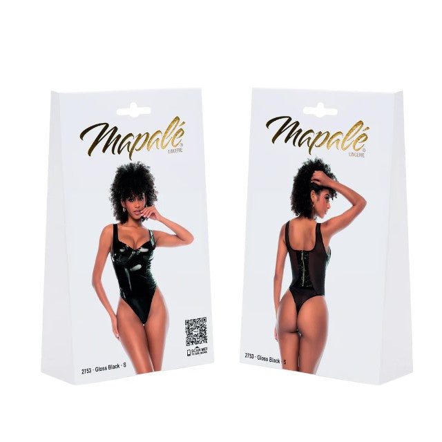 Lenjerie teddy sexy MAPALÉ Gloss Black, body din material lucios cu spate din plasă, culoare negru, mărime M (model 2753)