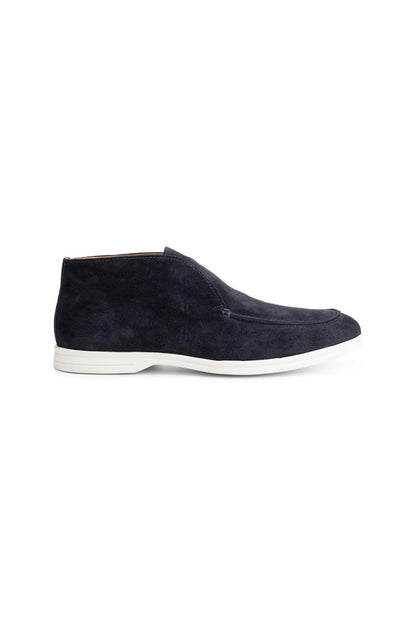 Loafer suede hoog blauw - robuuste suède loafers met moc-toe, slip-on, witte zool.