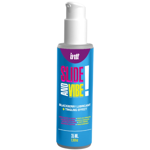 Lubrifiant cu aromă INTT Slide And Vibe, pe bază de apă, cu efect ușor de furnicături, aromă de mure, 35 ml