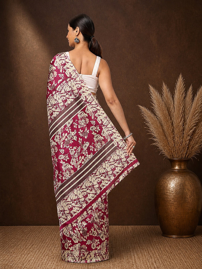 Indiehaat | Kashmiri Silk Printed Saree Magenta & Off-White