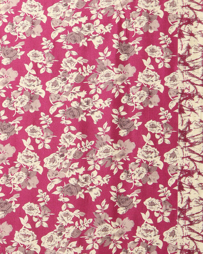 Indiehaat | Kashmiri Silk Printed Saree Magenta & Off-White