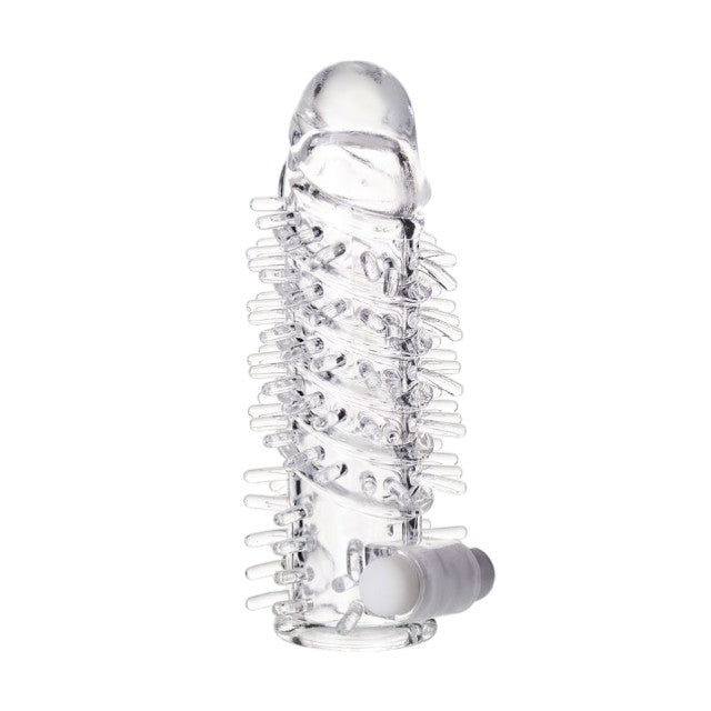 Manșon A-TOYS Fril, cu mini vibrator, pentru extensia și îngroșarea penisului, texturat, cu striații, transparent, 13.4 cm