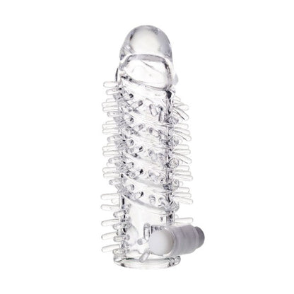Manșon A-TOYS Fril, cu mini vibrator, pentru extensia și îngroșarea penisului, texturat, cu striații, transparent, 13.4 cm