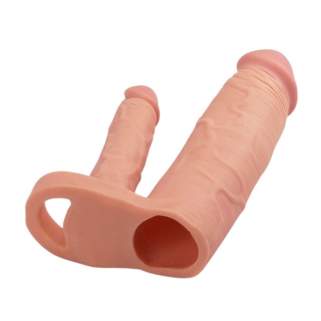 Manșon pentru extensia penisului LOVETOY Double Pleasure X-Tender, cu dildo pentru dublă penetrare, culoarea pielii