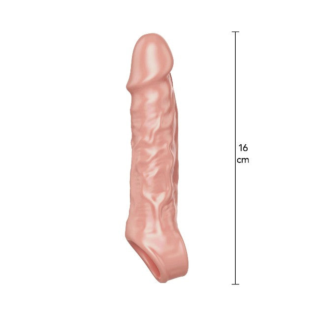 Manșon pentru penis Get Real by TOY JOY, cu inel pentru penis, lungime 16 cm, din material moale TPE, culoarea pielii