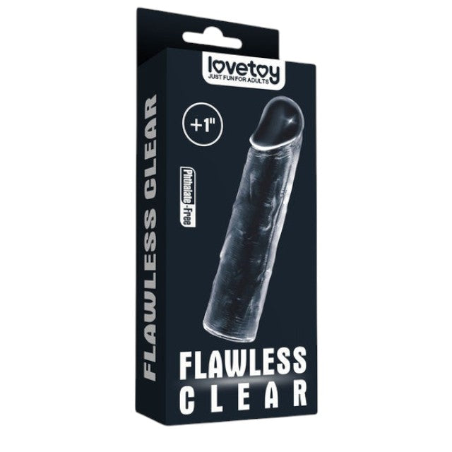 Manșon realist LOVETOY Flawless Clear +1”, pentru extensia penisului și erecție puternică, +2.5 cm în lungime, transparent