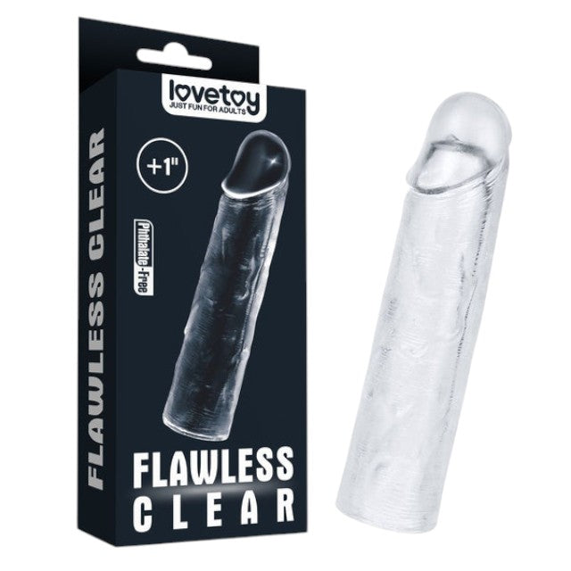 Manșon realist LOVETOY Flawless Clear +1”, pentru extensia penisului și erecție puternică, +2.5 cm în lungime, transparent