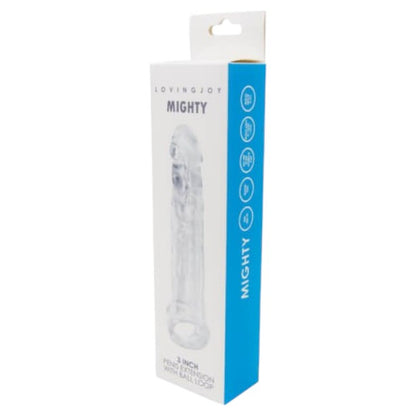 Manșon realist LOVING JOY MIGHTY 3 INCH, pentru extensia penisului, cu inel pentru testicule, lungime 22 cm, transparent