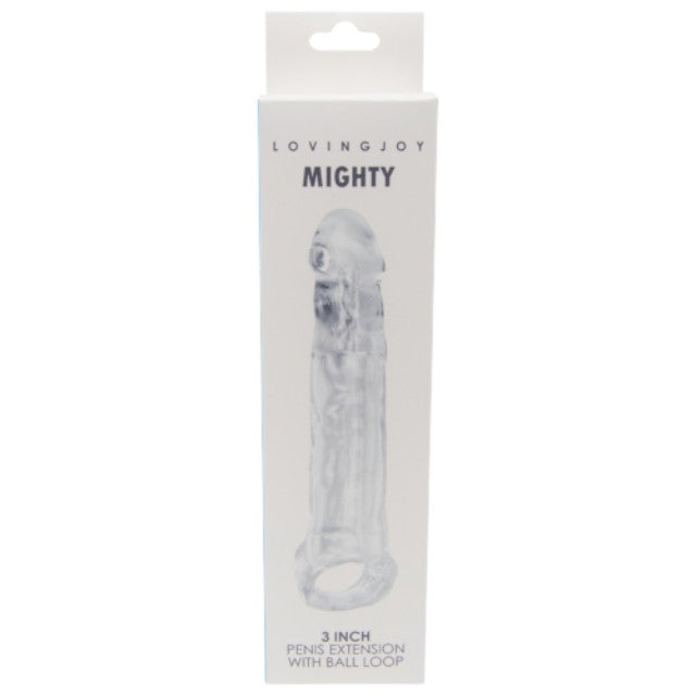 Manșon realist LOVING JOY MIGHTY 3 INCH, pentru extensia penisului, cu inel pentru testicule, lungime 22 cm, transparent