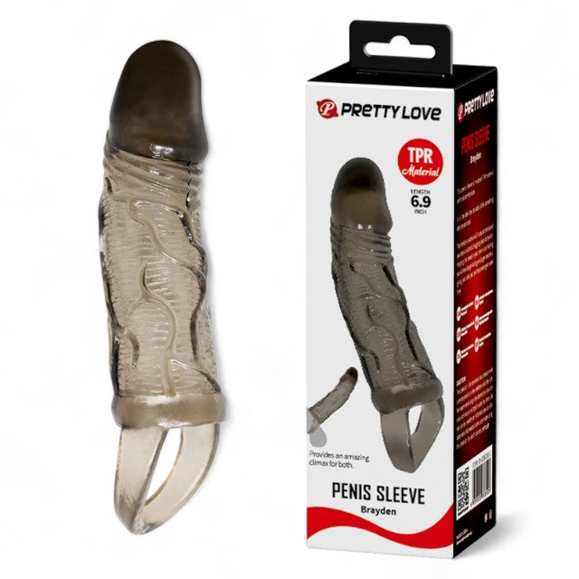 Manșon realist pentru penis PRETTY LOVE Brayden, pentru extensie și îngroșare, lungime 13.5cm, negru transparent