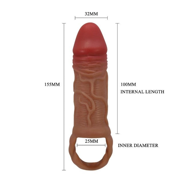 Manșon realist PRETTY LOVE Peirre, pentru extensia penisului, inel pentru testicule, din TPR , 10 cm, culoarea pielii
