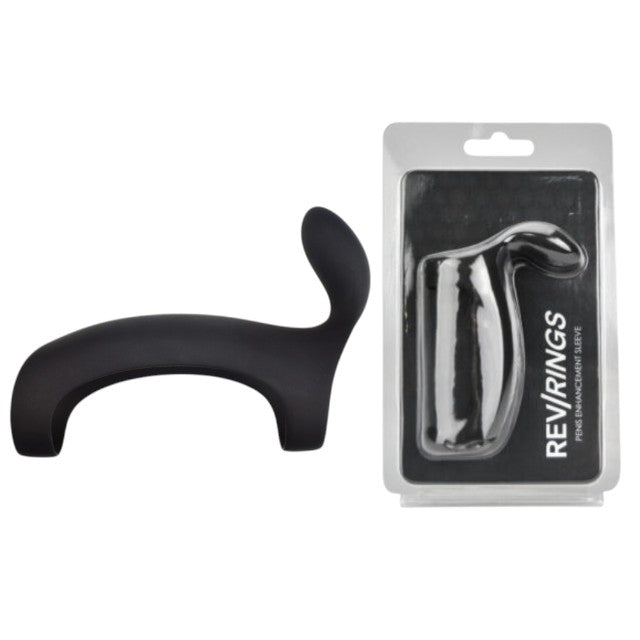 Manșon REV RINGS Penis Enhancement Sleeve, pentru îngroșarea penisului, cu capăt pentru stimularea clitorisului, negru