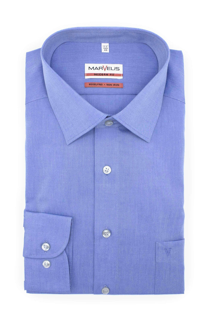 Marvelis modern-fit denim blauw ademend katoenen overhemd met denim-stijl rechtshandig opgevouwen.