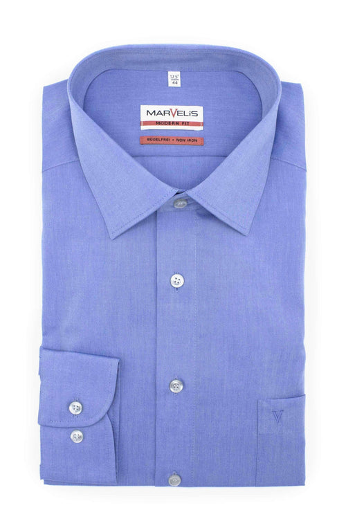 Marvelis modern-fit denim blauw ademend katoenen overhemd met denim-stijl rechtshandig opgevouwen.
