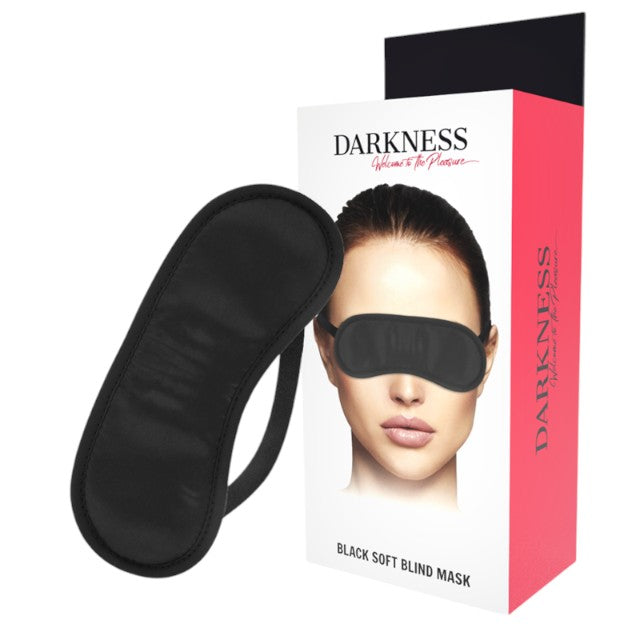 Mască DARKNESS Straight Black Soft Mask, pentru jocuri erotice în cuplu, din satin, cu bandă elastică reglabilă, negru