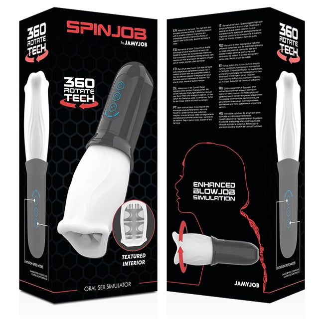 Masturbator automat JAMYJOB Spinjob, cu 3 funcții de rotație 360°, interior texturat pentru simulare sex oral, negru cu alb