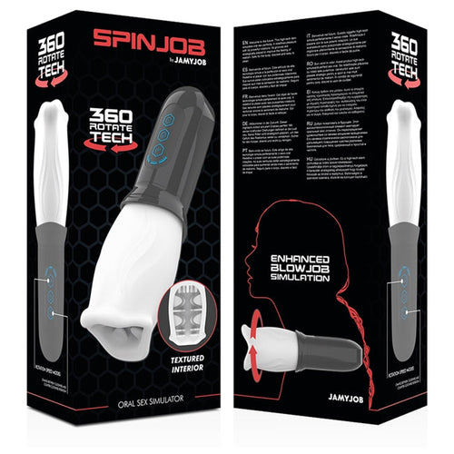 Masturbator automat JAMYJOB Spinjob, cu 3 funcții de rotație 360°, interior texturat pentru simulare sex oral, negru cu alb