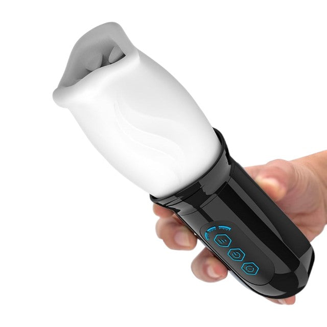 Masturbator automat JAMYJOB Spinjob, cu 3 funcții de rotație 360°, interior texturat pentru simulare sex oral, negru cu alb