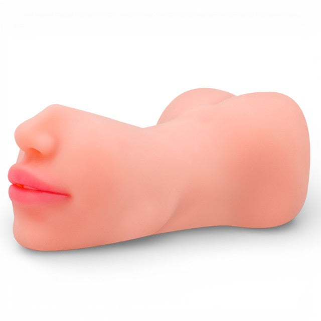 Masturbator manual INTENSE Riley Double, texturat pentru simulare orală și vaginală realistă, culoarea pielii, din TPE, 19 cm
