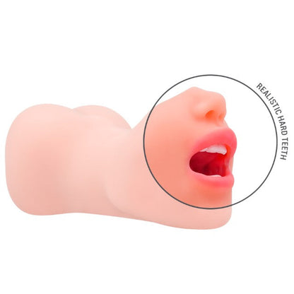 Masturbator manual INTENSE Riley Double, texturat pentru simulare orală și vaginală realistă, culoarea pielii, din TPE, 19 cm