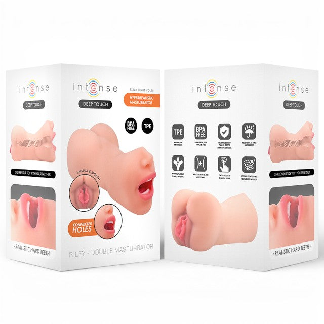 Masturbator manual INTENSE Riley Double, texturat pentru simulare orală și vaginală realistă, culoarea pielii, din TPE, 19 cm