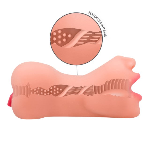 Masturbator manual INTENSE Riley Double, texturat pentru simulare orală și vaginală realistă, culoarea pielii, din TPE, 19 cm