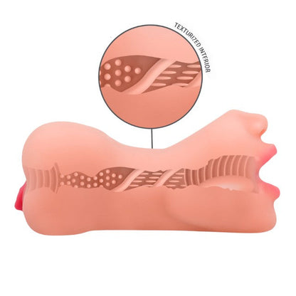 Masturbator manual INTENSE Riley Double, texturat pentru simulare orală și vaginală realistă, culoarea pielii, din TPE, 19 cm