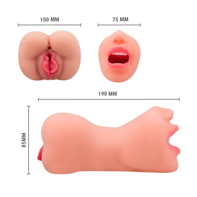 Masturbator manual INTENSE Riley Double, texturat pentru simulare orală și vaginală realistă, culoarea pielii, din TPE, 19 cm