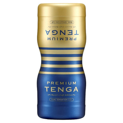 Masturbator manual TENGA Premium Dual Sensation Cup, cu 2 canale texturate pentru stimulare intensă, albastru și auriu