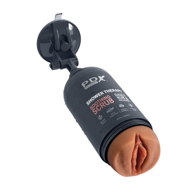 Masturbator PDX PLUS+ Discreet Stroker Soothing Scrub, în formă de gel de duș, simulare vaginală realistă, maro