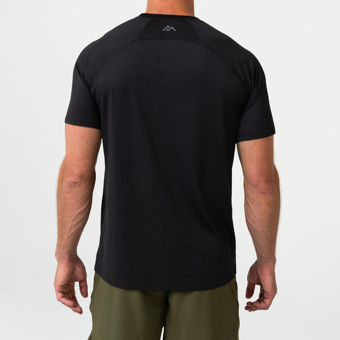 The REP Fitness Men's Aerix Tee in Heather Black back, model shot