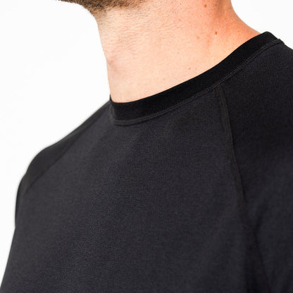 The REP Fitness Men's Aerix Tee in Heather Black front, collar close-up