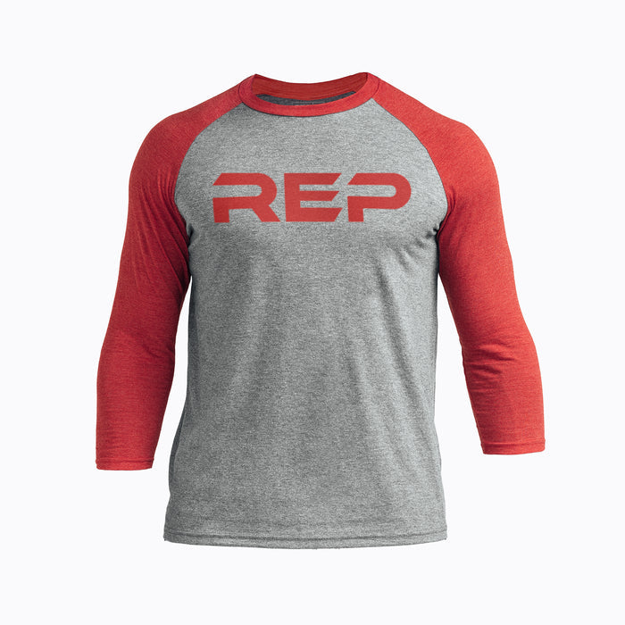 The REP Fitness Men's Daily Driver ¾ Sleeve Tri-Blend Crew T-Shirt in Heather Gray/Red front
