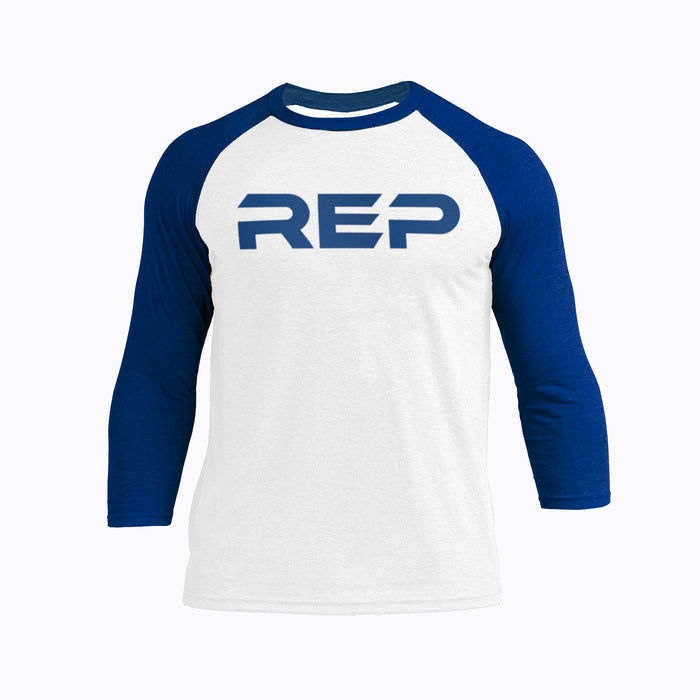 The REP Fitness Men's Daily Driver ¾ Sleeve Tri-Blend Crew T-Shirt in White/Royal front