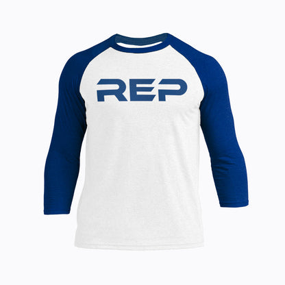 The REP Fitness Men's Daily Driver ¾ Sleeve Tri-Blend Crew T-Shirt in White/Royal front