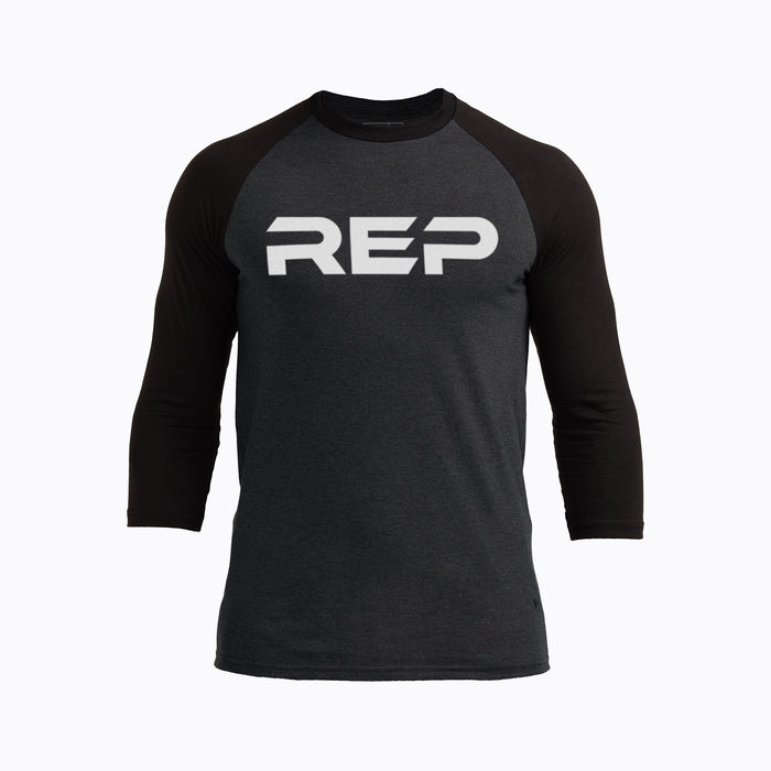 The REP Fitness Men's Daily Driver ¾ Sleeve Tri-Blend Crew T-Shirt in Heather Black/White front