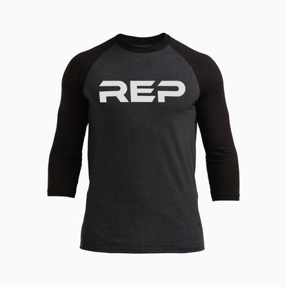 The REP Fitness Men's Daily Driver ¾ Sleeve Tri-Blend Crew T-Shirt in Heather Black/White front