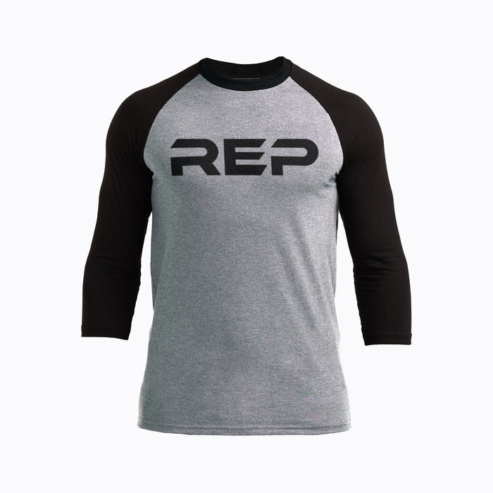 The REP Fitness Men's Daily Driver ¾ Sleeve Tri-Blend Crew T-Shirt in Heather Gray/Black front