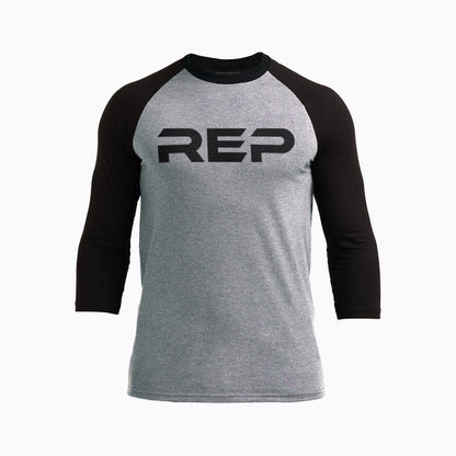 The REP Fitness Men's Daily Driver ¾ Sleeve Tri-Blend Crew T-Shirt in Heather Gray/Black front