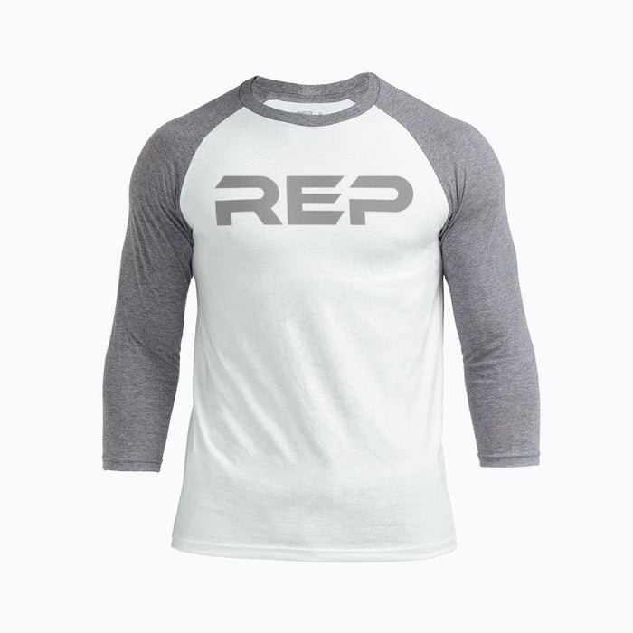 The REP Fitness Men's Daily Driver ¾ Sleeve Tri-Blend Crew T-Shirt in White/Gray front