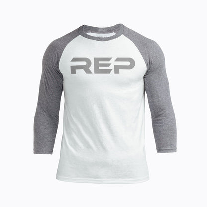 The REP Fitness Men's Daily Driver ¾ Sleeve Tri-Blend Crew T-Shirt in White/Gray front