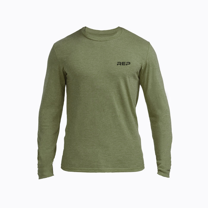 The REP Fitness Men's REP® Long-Sleeve Tri-Blend Crew T-Shirt in Heather Olive/Black front