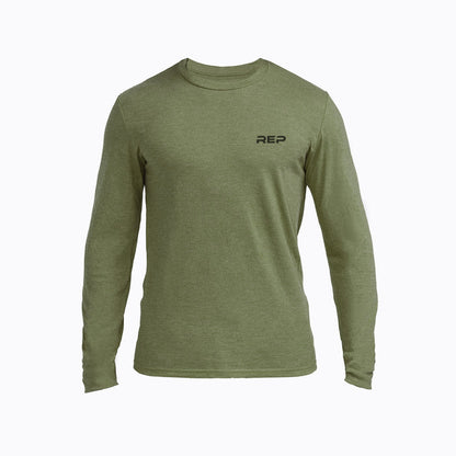 The REP Fitness Men's REP® Long-Sleeve Tri-Blend Crew T-Shirt in Heather Olive/Black front